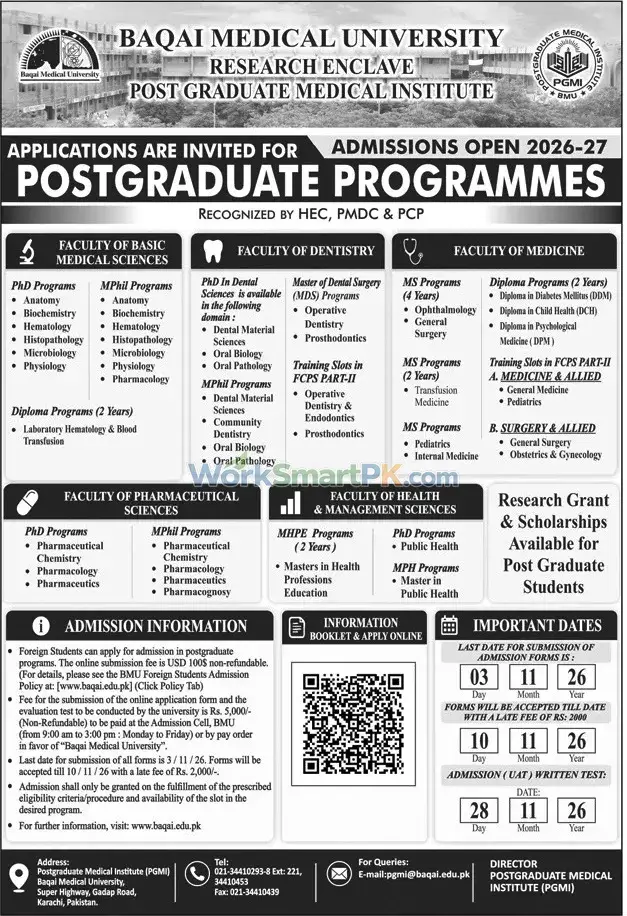 Baqai Medical University Prost Graduate Program Admissions Jang 18-10-2026