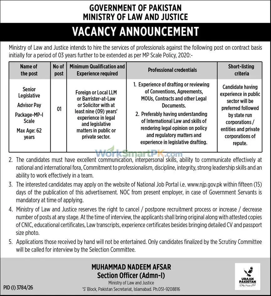 Ministry of Law & Justice Islamabad Senior Legislative Advisor Jobs Express 25-10-2026