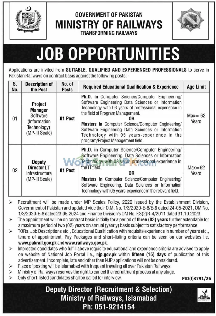 -Ministry of Railways Islamabad Project Manager Software IT Jobs Dawn 27-10-2026