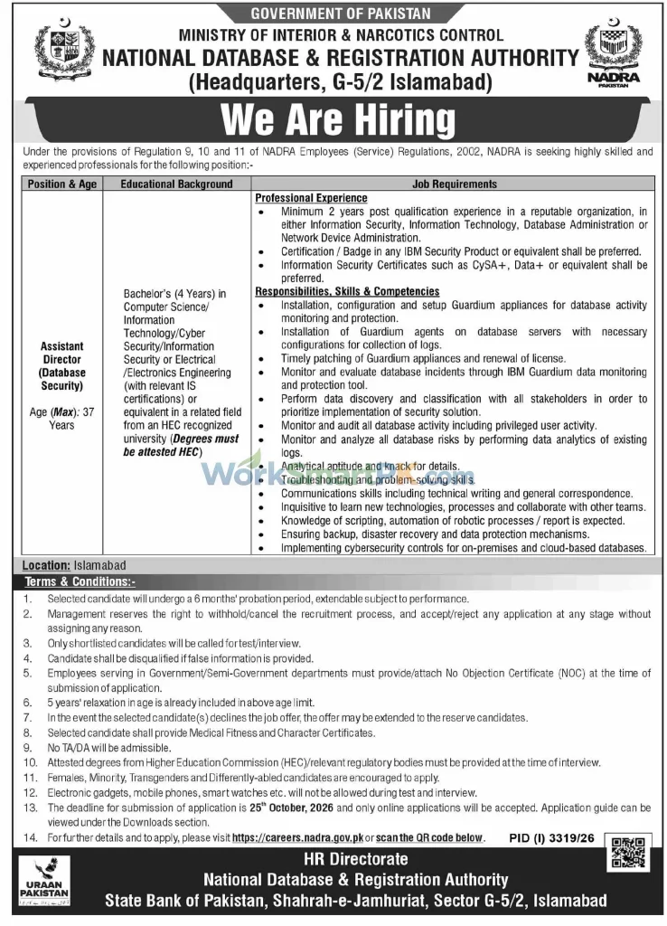 NADRA Islamabad Assistant Director Data Base Jobs DAWN 11-10-2026