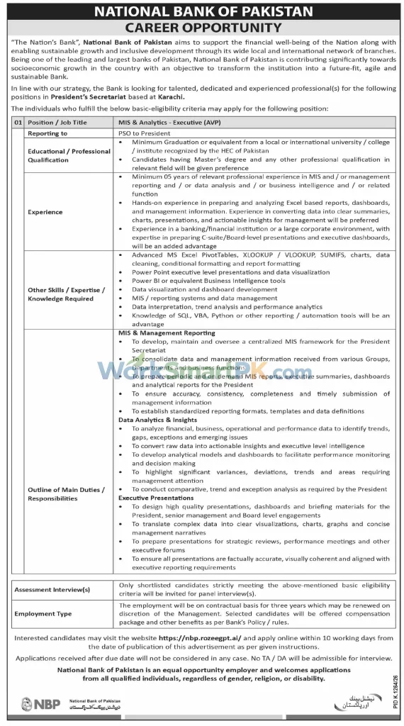 NBP Bank MIS & Analytics Executive Jobs Dawn 18-10-2026