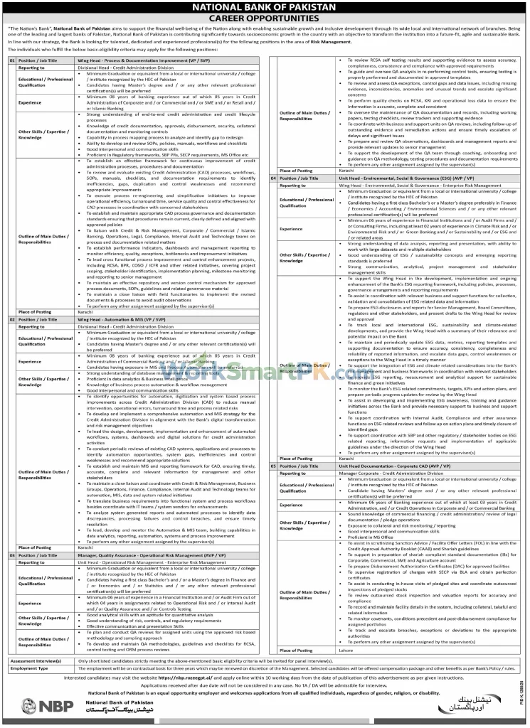 NBP Bank Wing Head Process & Documentation Jobs Dawn 18-10-2026