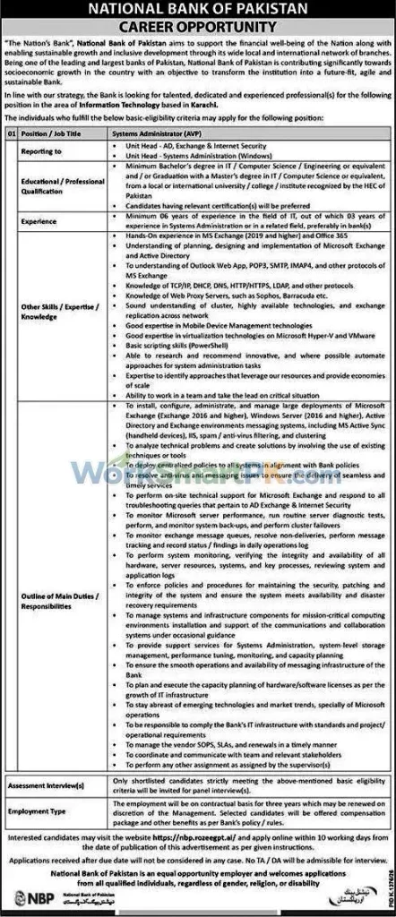 National Bank Pakistan System Administrator Jobs The News 25-10-2026