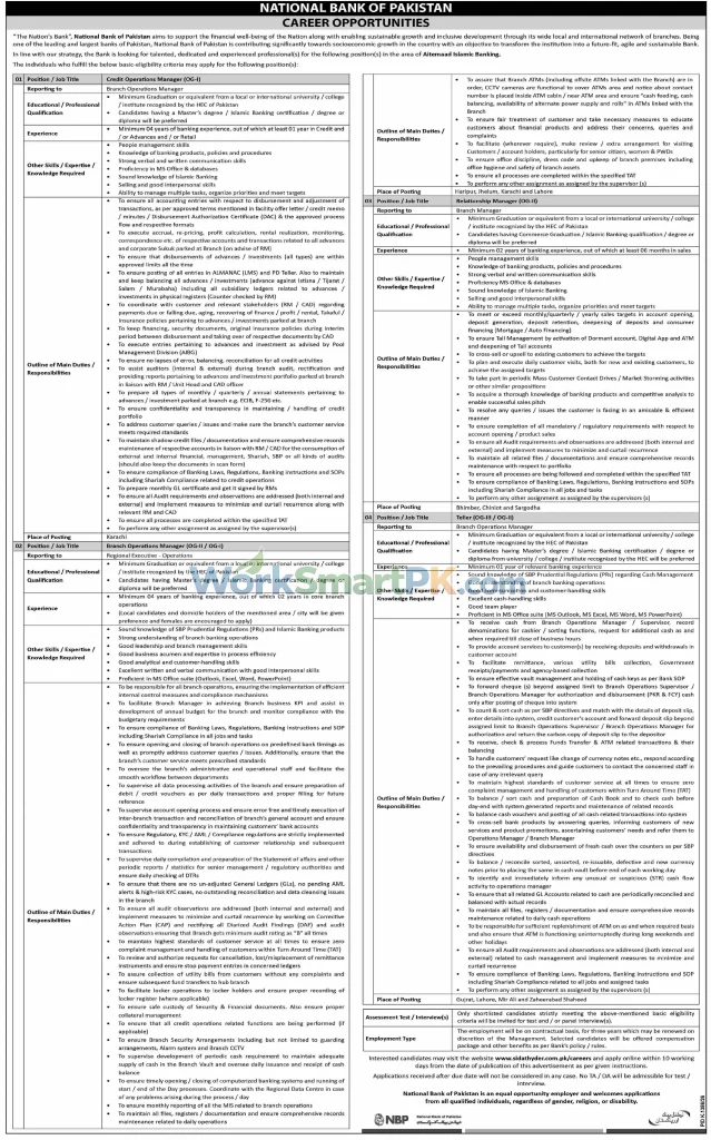 National Bank of Pakistan Credit Operation Manager Jobs Dawn 25-10-2026