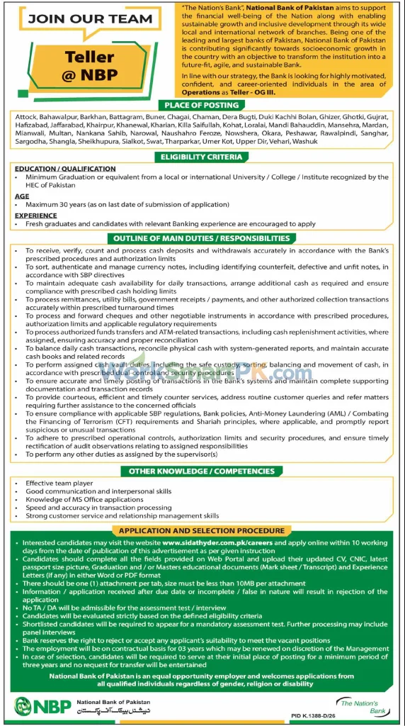 National Bank of Pakistan Teller NBP Jobs Dawn 25-10-2026