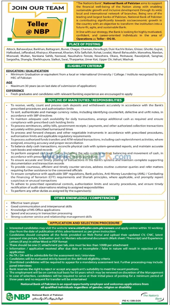 National Bank of Pakistan Teller NBP Jobs Dawn 25-10-2026