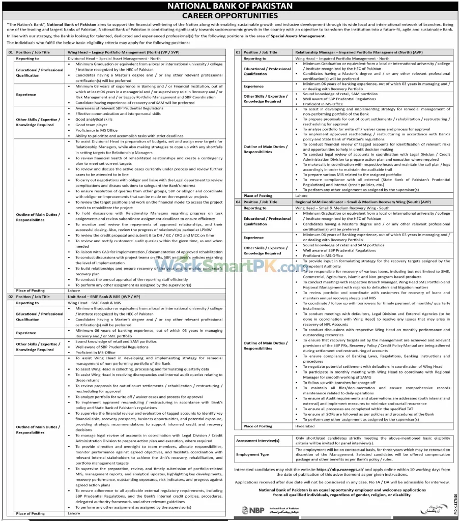 National Bank of Pakistan Wing Head Legacy Portfolio Management Jobs Dawn 25-10-2026