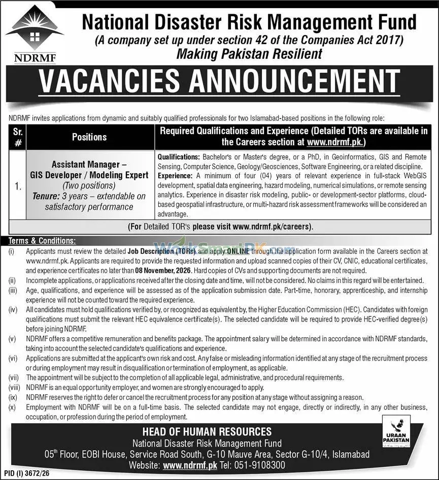 National Disaster Risk Management Fund Islamabad Assistant Manager Jobs Express 25-10-2026