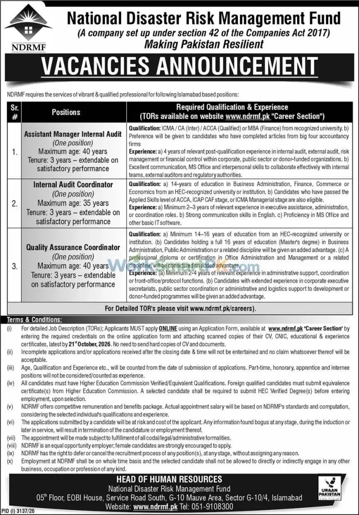 National Disaster Risk Management Fund Islamabad Jobs Express 07-10-2026