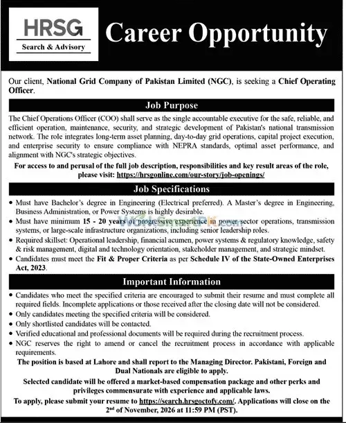 National Grid Company Pakistan COO Jobs Jang 18-10-2026