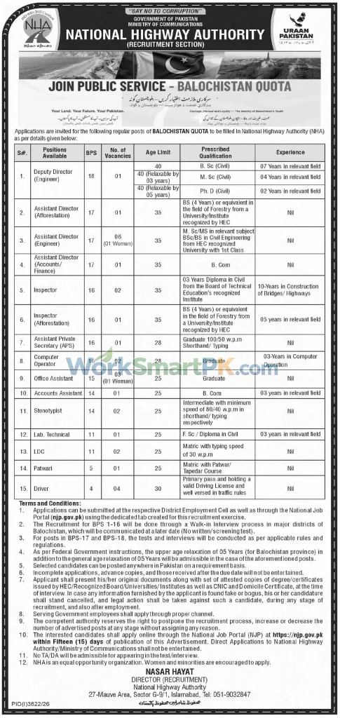 National Highways Authority Islamabad Balochistan Quota Jobs Duniya 28-10-2026