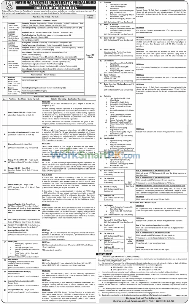 National Textile University Faisalabad Jobs Dawn 25-10-2026