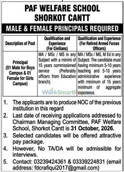PAF Welfare School Shorkot Cantt Principal Jobs Jang 20-10-2026