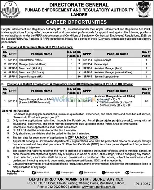 PERA Lahore Head Internal Affairs Jobs Jang 14-10-2026