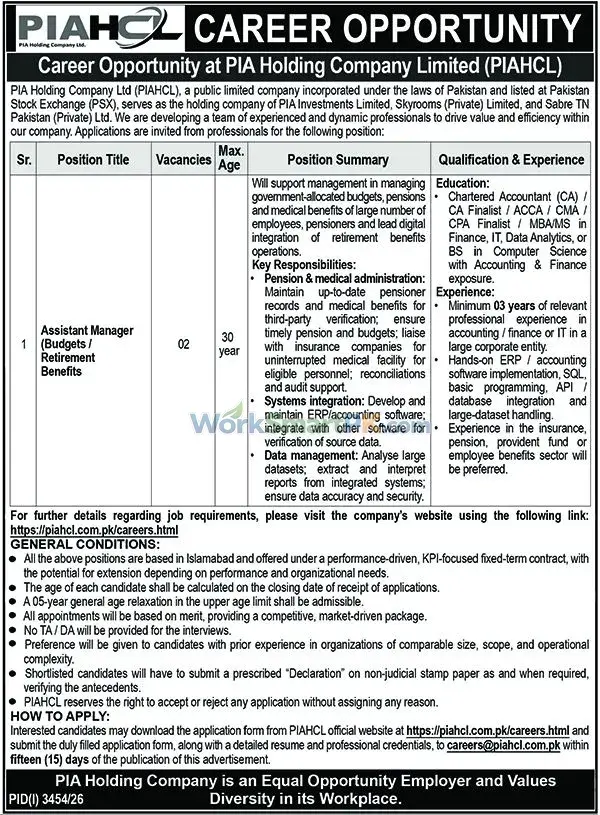 PIAHCL Assistant Manager Budget Jobs Nawai Waqat 16-10-2026