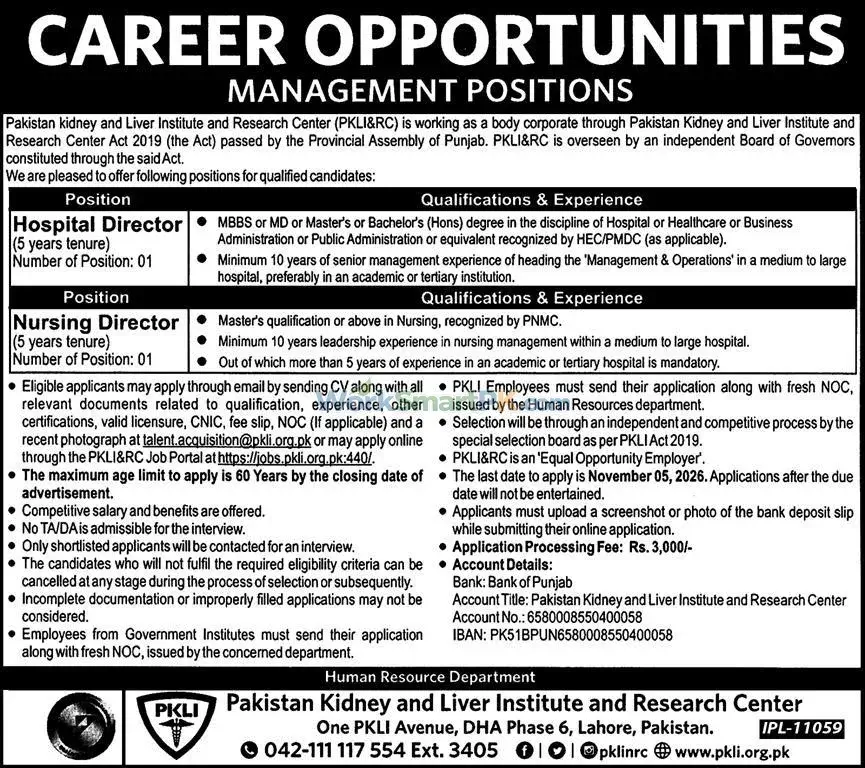 PKLI Hospital Lahore Jobs Express 17-10-2026