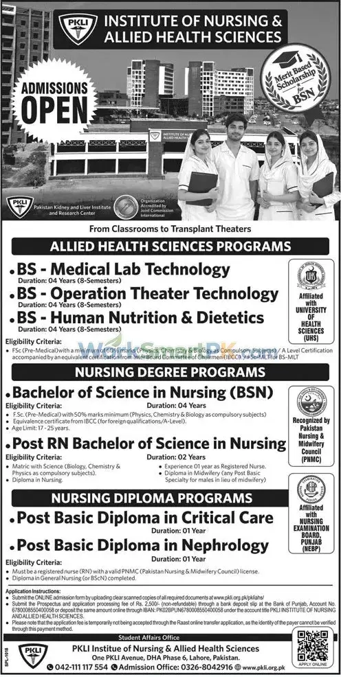 PKLI Institute of Nursing & Allied Health Sciences Lahore Admissions Jang 18-10-2026