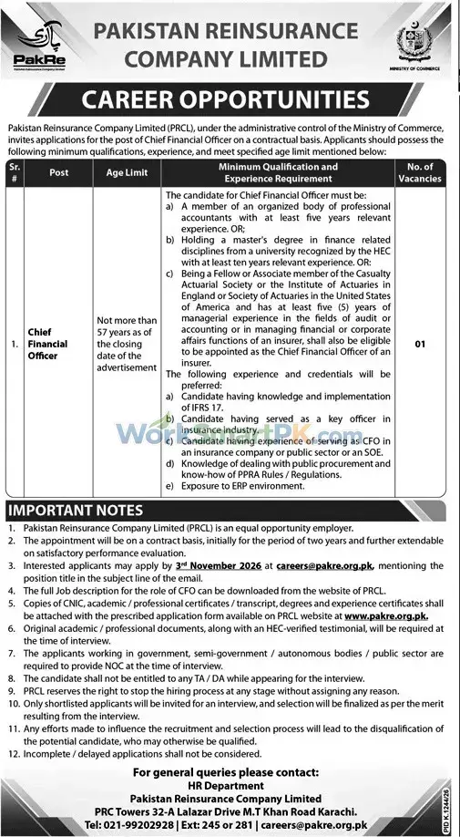 Pak Reinsurance Company Limited CFO Jobs Jang 18-10-2026