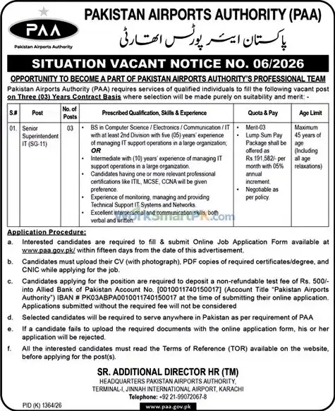 Pakistan Airport Authority PAA Senior Superintendent IT Jobs Duniya 23-10-2026