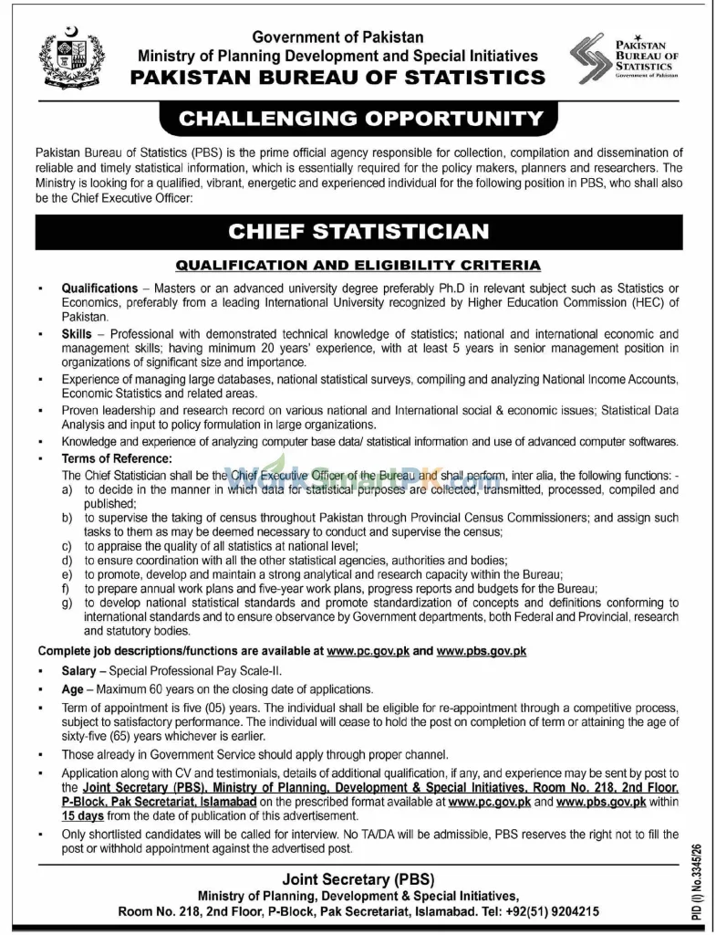Pakistan Bureau of Statistics Islamabad Chief Statistician Jobs DAWN 11-10-2026