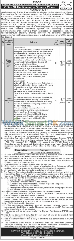 Pakistan Institute of Prosthetic and Orthotic Science KPK Jobs Dawn 20-10-2026