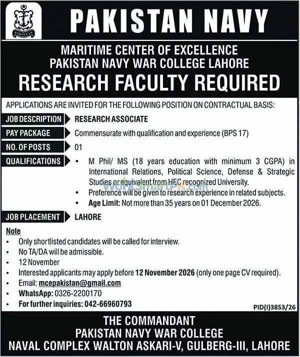 Pakistan Navy War College Lahore Research Faculty Jobs Nawai Waqat 28-10-2026