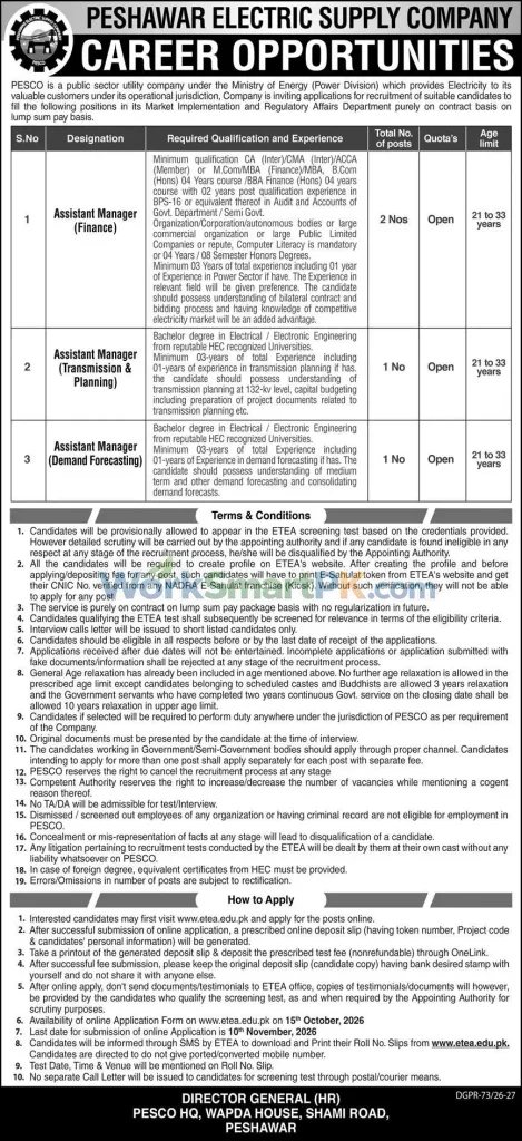Peshawar Electric Supply Company Assistant Manager Finance Jobs Express 15-10-2026