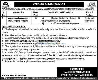 Public Sector Organization Balochistan Management Associates Jobs Jang 07-10-2026