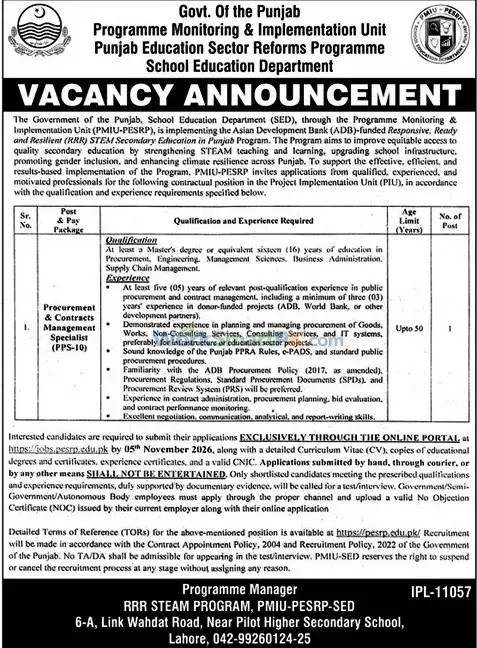 Punjab Education Sector Reforms Program Jobs Duniya 17-10-2026