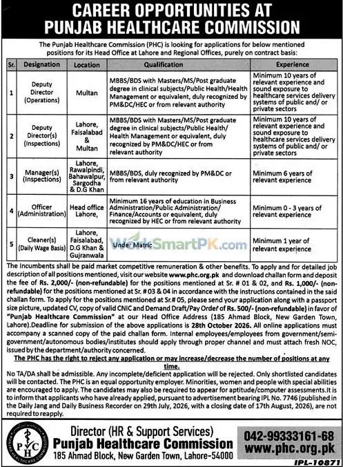 Punjab Healthcare Commission Lahore Jobs Jang 15-10-2026