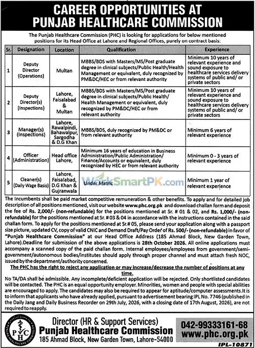 Punjab Healthcare Commission Lahore Jobs Jang 16-10-2026