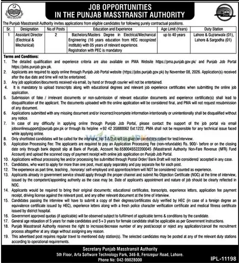 Punjab Mass Transit Authority Lahore Assistant Director Jobs Duniya 22-10-2026