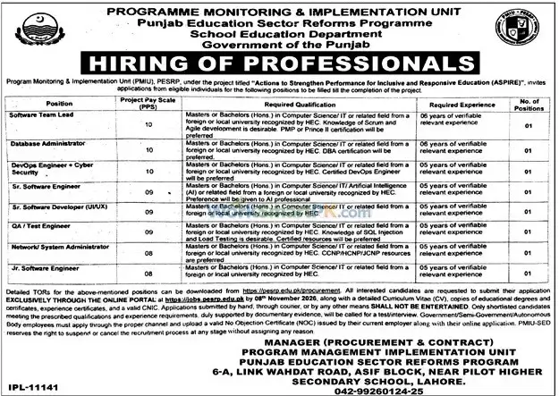 School Education Department Punjab Lahore Jobs Jang 21-10-2026