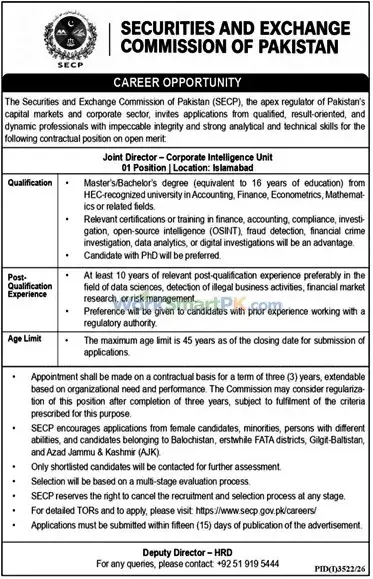 Securities & Exchange Commission Pakistan Joint Director Jobs Jang 18-10-2026