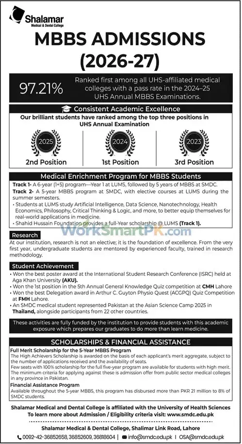 Shalamar Medical & Dental College Lahore MBBS Admissions 2027 Jang 25-10-2026