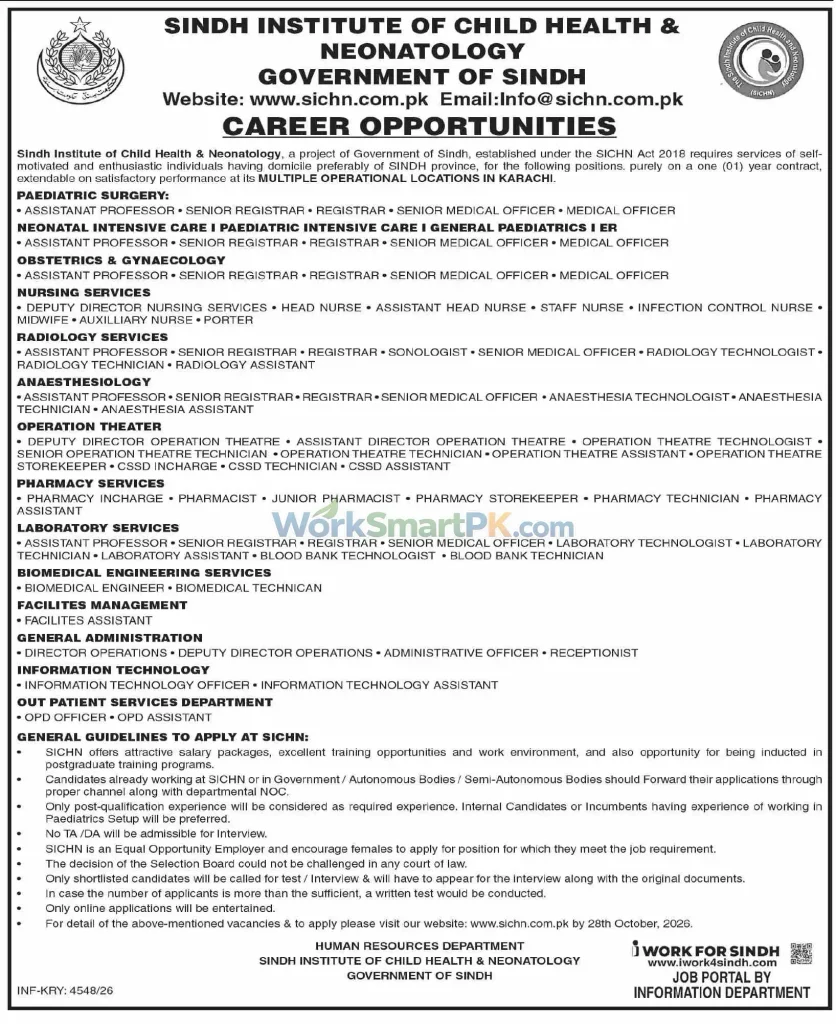 Sindh Institute of Child Health & Neonatology Karachi Sindh Jobs Dawn 15-10-2026