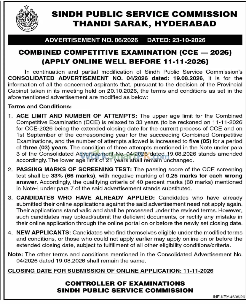 Sindh Public Service Commission Hyderabad Combined Competitive Examination CCE-2026 Dawn 25-10-2026