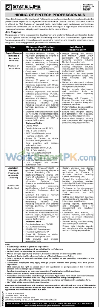 State Life Insurance Corporation Pakistan Deputy Manager Finance Jobs Dawn 25-10-2026