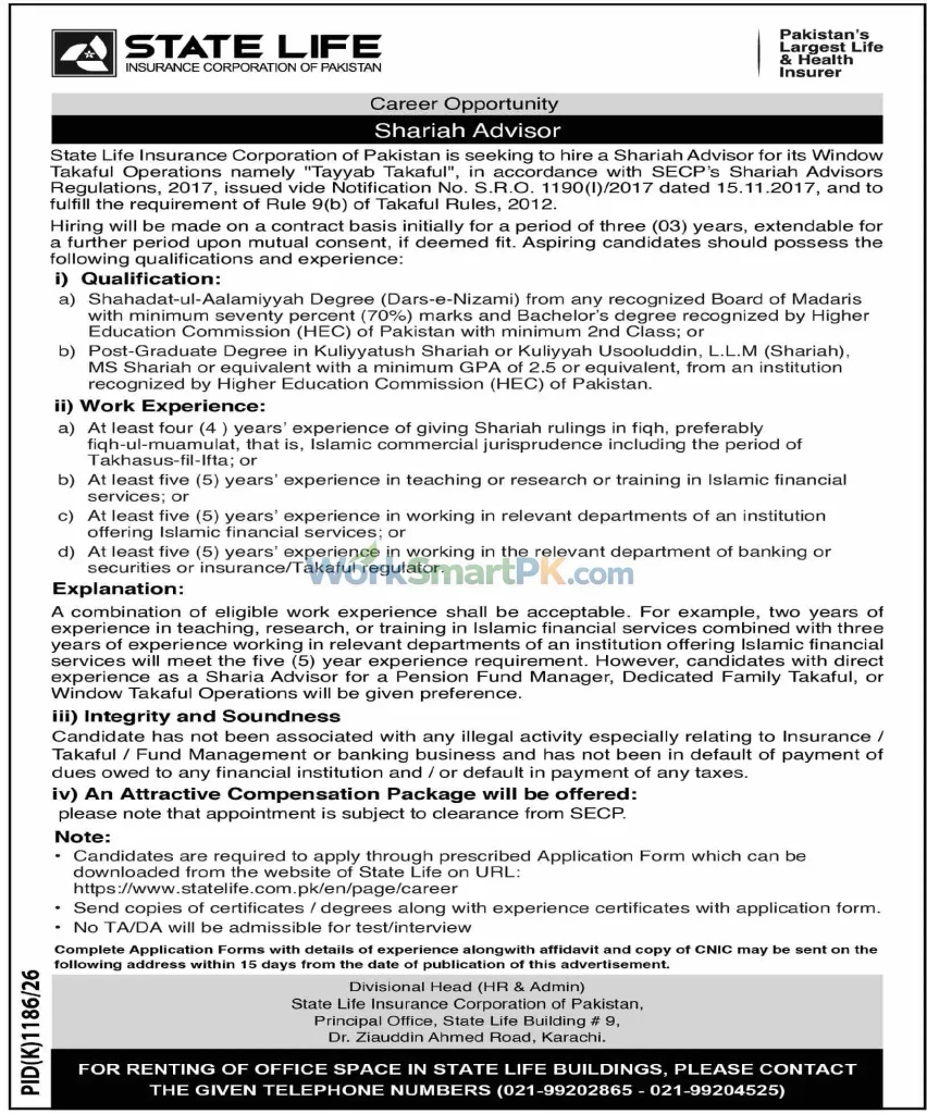 State Life Pakistan Shariah Advisor Jobs DAWN 11-10-2026