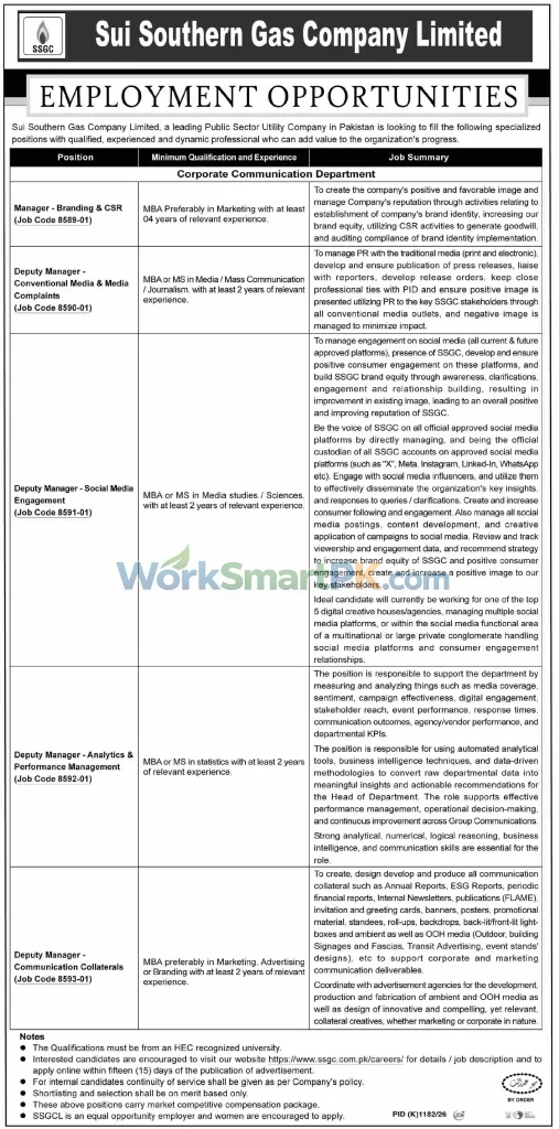 Sui Sothern Gas Company Karachi Manager Branding Jobs DAWN 11-10-2026