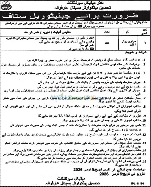 Tehsil Headquarter Hospital Arifwala 44 Cleaner Jobs Jang 24-10-2026