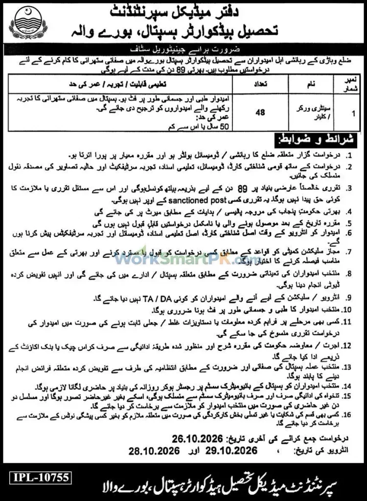 Tehsil Headquarter Hospital Burewala 48 Cleaners Jobs Express 12-10-2026
