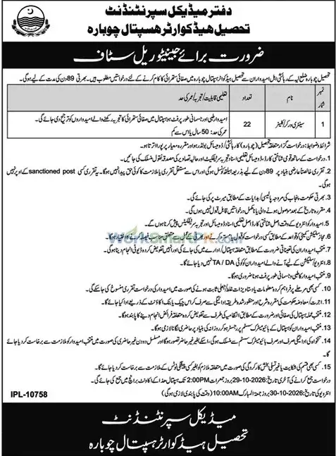 Tehsil Headquarter Hospital Chobara 22 Cleaner Jobs Duniya 11-10-2026