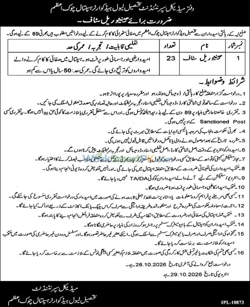 Tehsil Headquarter Hospital Chowk Azam 23 Cleaners Jobs Express 15-10-2026