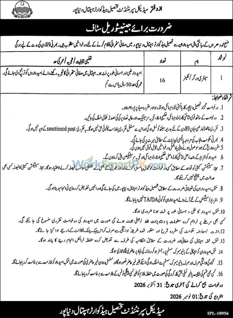 Tehsil Headquarter Hospital Duniyapur 16 Cleaners Jobs Express 15-10-2026