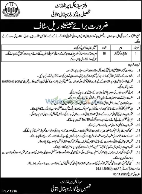 Tehsil Headquarter Hospital Jatoi 18 Cleaner Jobs Duniya 22-10-2026