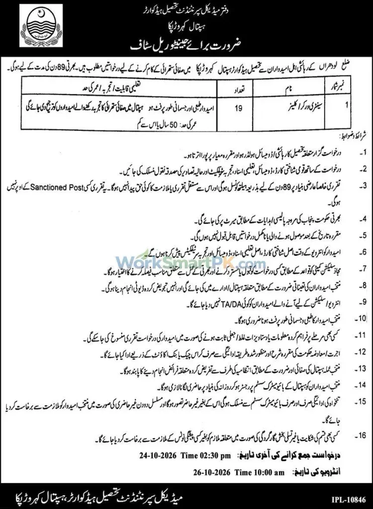 Tehsil Headquarter Hospital Kahror Pacca 19 Cleaner Jobs Jang 14-10-2026