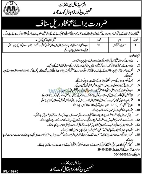 Tehsil Headquarter Hospital Kot Chutta 18 Cleaner Jobs Duniya 16-10-2026