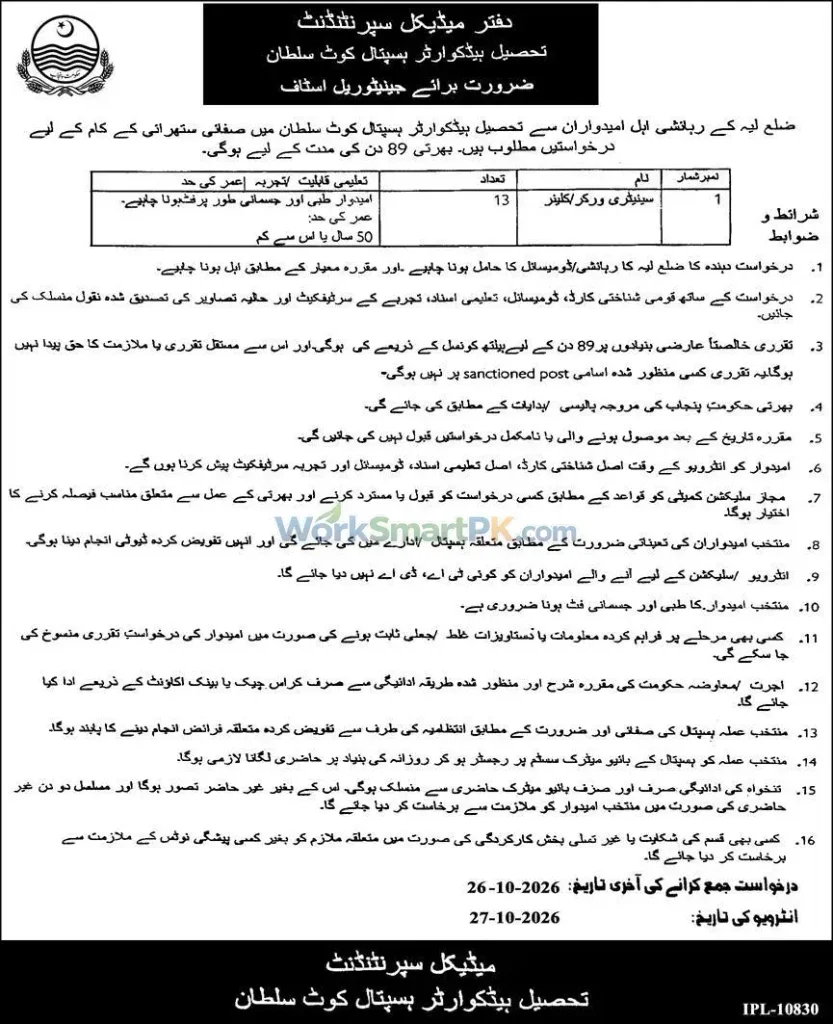 Tehsil Headquarter Hospital Kot Sultan 13 Cleaners Jobs Express 15-10-2026