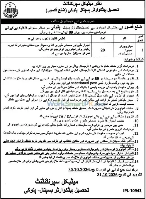 Tehsil Headquarter Hospital Patoki 20 Sweeper Jobs Jang 17-10-2026